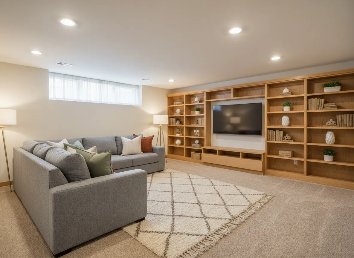 Finished basement living area with seating and lighting